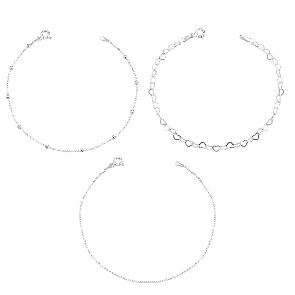 Kit 3 Pulseiras de Prata 925 Bolinha Coração e Veneziana Produto Kit 3 Pulseiras de Prata 925 Bolinha Coração e Veneziana