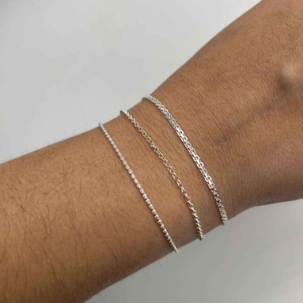 Kit 3 Pulseiras Feminina de Prata 925 Bismark Elo Português e Pipoca Diamantada Produto Kit 3 Pulseiras Feminina de Prata 925 Bismark Elo Português e Pipoca Diamantada