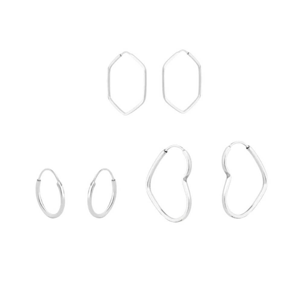 Kit Argolas de Prata 925 Coração Redondo e Sextavada Produto Kit Argolas de Prata 925 Coração Redondo e Sextavada