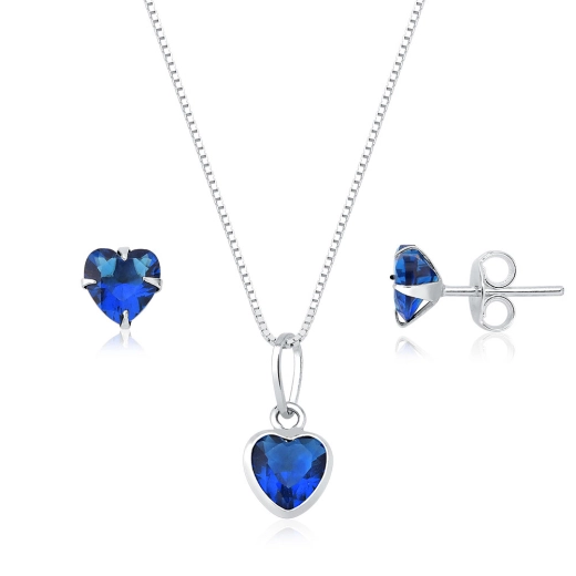 Produto Conjunto Brinco e Colar de Prata 925 Coração Azul Marinho