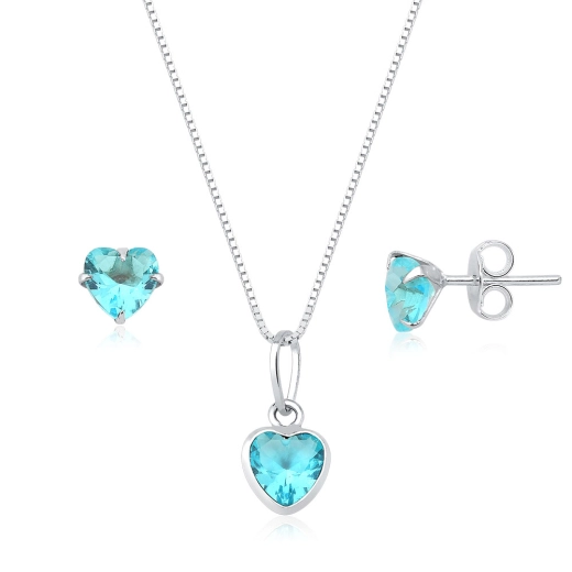 Conjunto Brinco e Colar de Prata 925 Coração Azul Claro Produto Conjunto Brinco e Colar de Prata 925 Coração Azul Claro