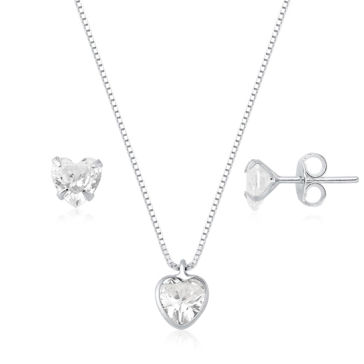 Produto Conjunto Brinco e Colar de Prata 925 Coração Cristal