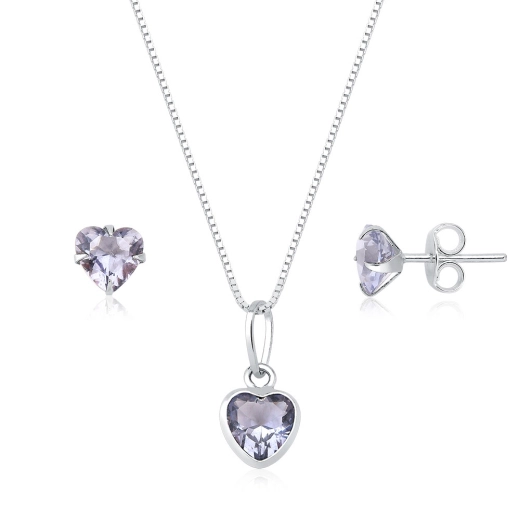 Conjunto Brinco e Colar de Prata 925 Coração Lilás Produto Conjunto Brinco e Colar de Prata 925 Coração Lilás