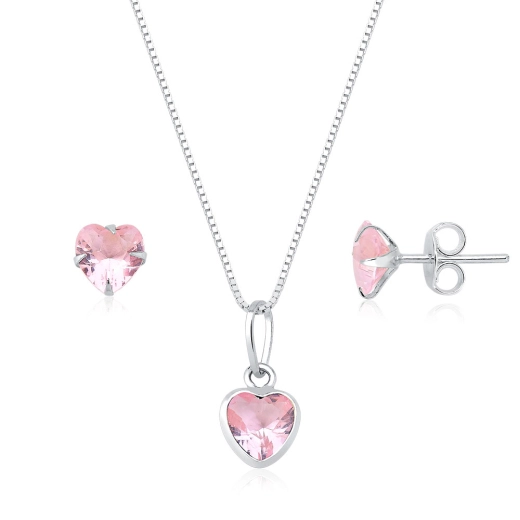 Produto Conjunto Brinco e Colar de Prata 925 Coração Rosa