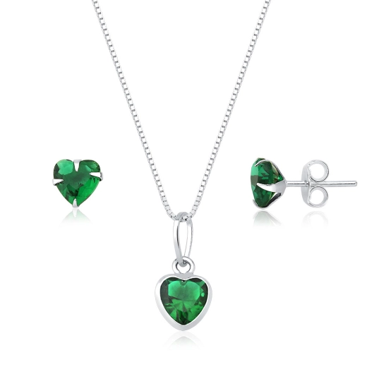 Produto Conjunto Brinco e Colar de Prata 925 Coração Verde Esmeralda