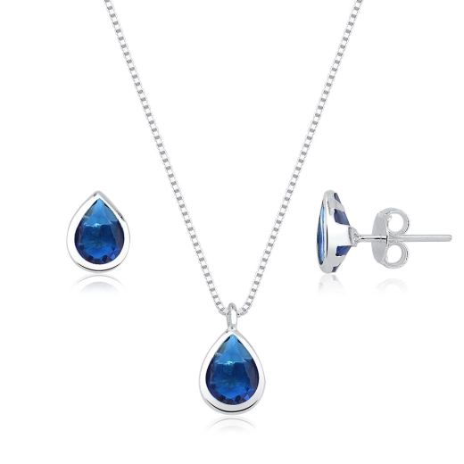 Conjunto de brincos femininos e colar de prata 925 gota Cravação Inglesa azul marinho Produto Conjunto de brincos femininos e colar de prata 925 gota Cravação Inglesa azul marinho