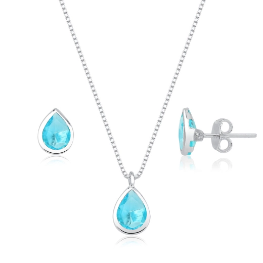 Produto Conjunto de colar e brincos femininos de prata 925 gota Cravação Inglesa Azul Piscina
