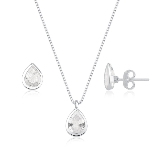 Produto Conjunto Colar Feminino e Brincos de Prata 925 Gota Cravação Inglesa Cristal