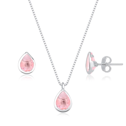 Produto Conjunto brincos e colar gota Cravação Inglesa Rosa claro