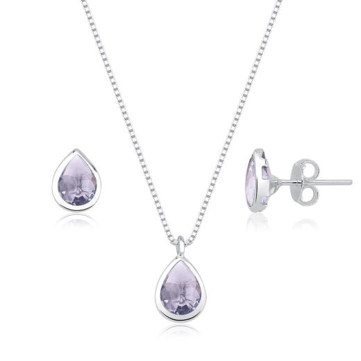 Conjunto de Brincos e Colar de Prata 925 Gota Cravação Inglesa Roxo Produto Conjunto de Brincos e Colar de Prata 925 Gota Cravação Inglesa Roxo