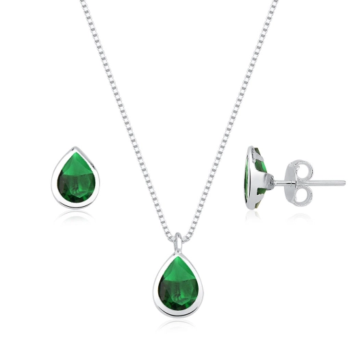 Colar e brincos de prata 925 formato de gota Cravação Inglesa Verde esmeralda Produto Colar e brincos de prata 925 formato de gota Cravação Inglesa Verde esmeralda