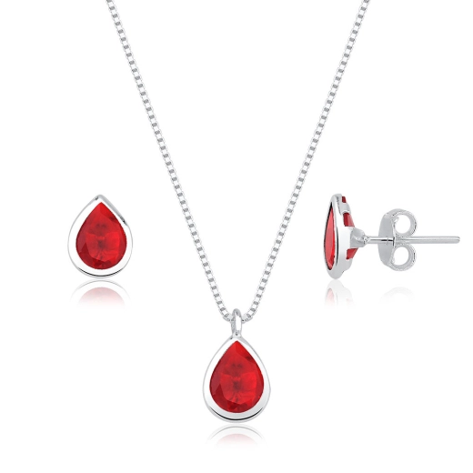 Conjunto brincos femininos e colar de prata 925 gota Cravação Inglesa Vermelho Produto Conjunto brincos femininos e colar de prata 925 gota Cravação Inglesa Vermelho
