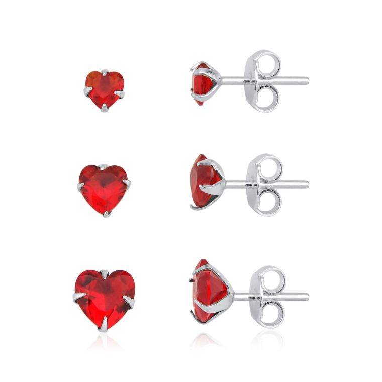 Produto Kit trio de brincos coração vermelho prata 925