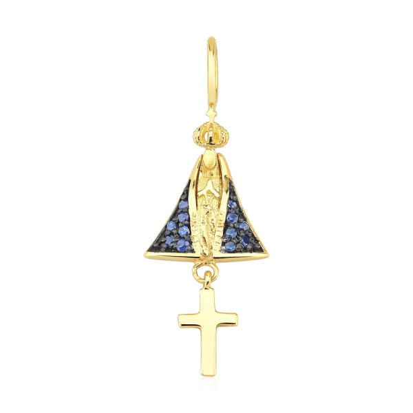 Produto Pingente de Nossa Senhora Aparecida com Manto Azul em Safira - Ouro 18k - 750