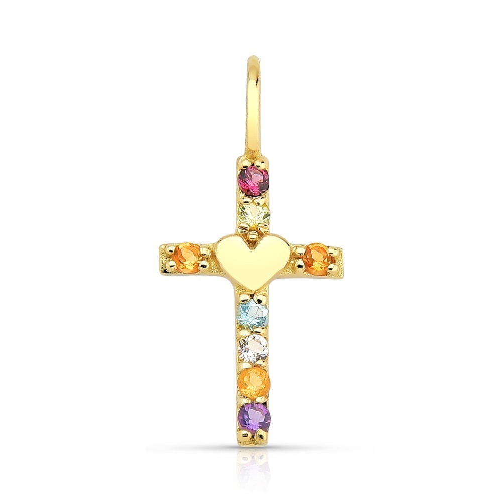 Produto Pingente de Ouro 18k Cruz com Coração e Pedras Naturais