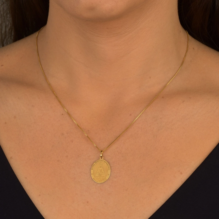 Produto Pingente de Ouro 18k Medalha Nossa Senhora Aparecida Rogai por Nós