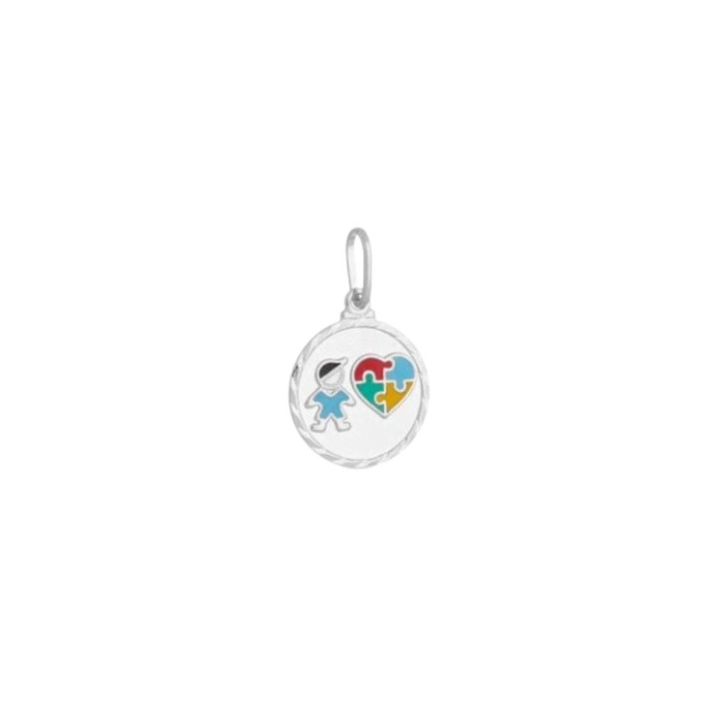 Produto Pingente de Prata 925 Medalha Menino e Coração Autismo