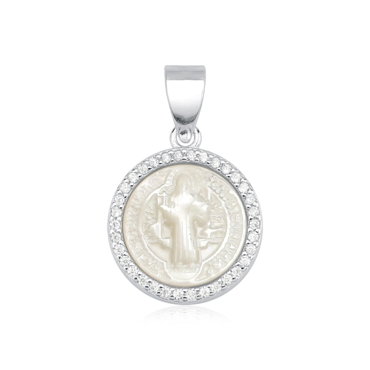 Pingente de Prata 925 Medalha São Bento MadrePérola Produto Pingente de Prata 925 Medalha São Bento MadrePérola