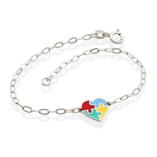 Produto Pulseira Autismo de Prata 925 Coração Quebra-Cabeça Colorido