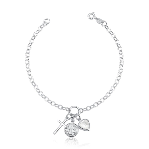 Produto Pulseira de prata 925 patuá cruz coração e São Bento
