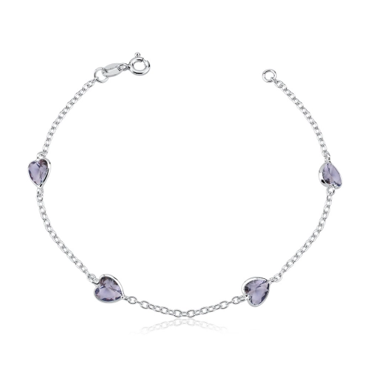 Produto Pulseira de prata 925 feminina coração zirconia roxa
