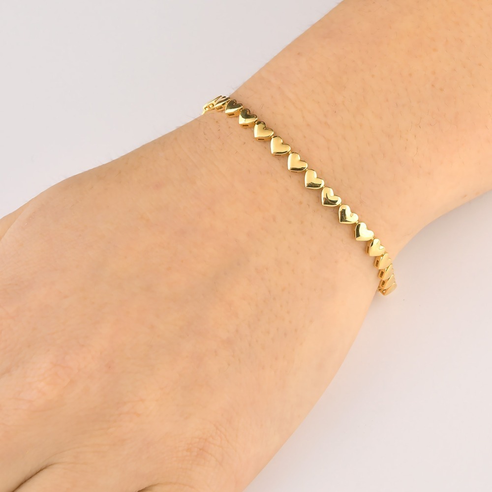 Produto Pulseira Feminina Corações lado a lado em Ouro Amarelo 18k