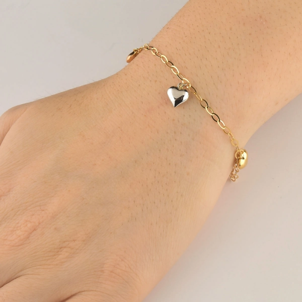 Pulseira Feminina de Ouro 18k Corações Abaulados em Ouro Branco e Rose Produto Pulseira Feminina de Ouro 18k Corações Abaulados em Ouro Branco e Rose