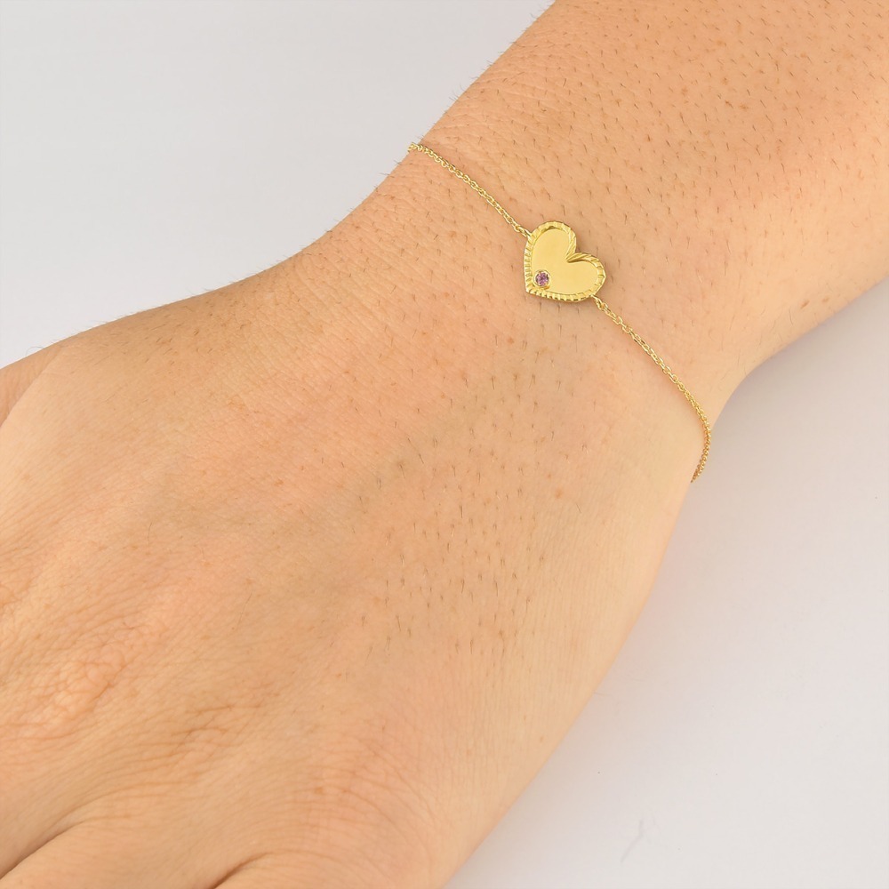 Pulseira Feminina de Ouro 18k Coração com Pedra Natural Produto Pulseira Feminina de Ouro 18k Coração com Pedra Natural