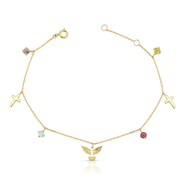 Produto Pulseira Feminina de Ouro 18k Cruz, Espirito Santo e Safiras Coloridas