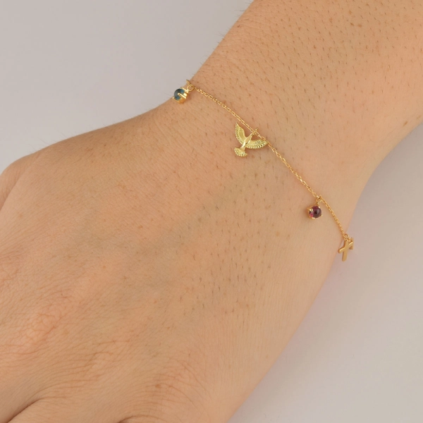 Produto Pulseira Feminina de Ouro 18k Cruz, Espirito Santo e Safiras Coloridas