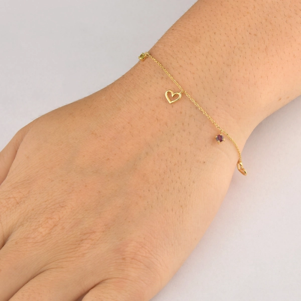 Produto Pulseira Feminina de Ouro 18k Elo Cadeado com Coração e Safiras Coloridas