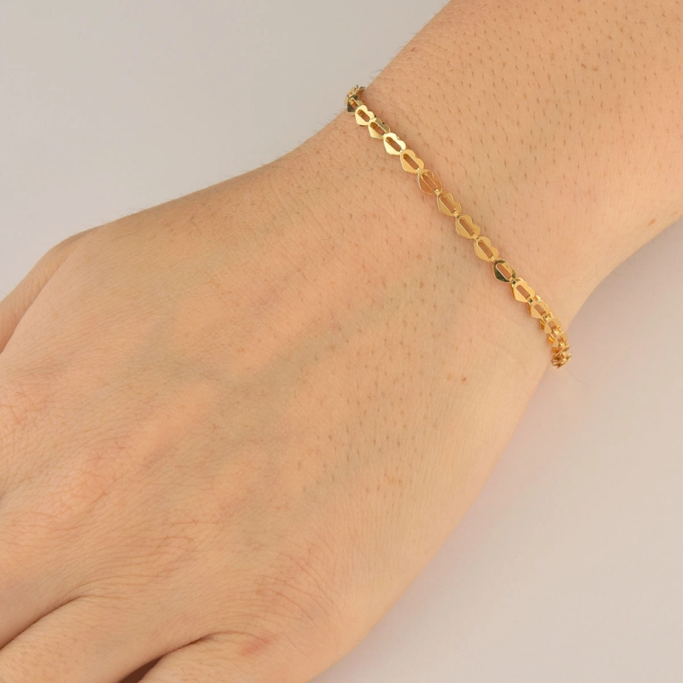 Produto Pulseira Feminina de Ouro 18k Elos Coração Vazado e Trabalhado