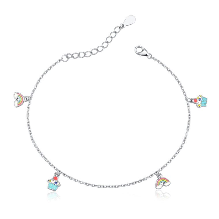 Pulseira Feminina de Prata 925 Arco-Íris e Cupcake Resinado Produto Pulseira Feminina de Prata 925 Arco-Íris e Cupcake Resinado