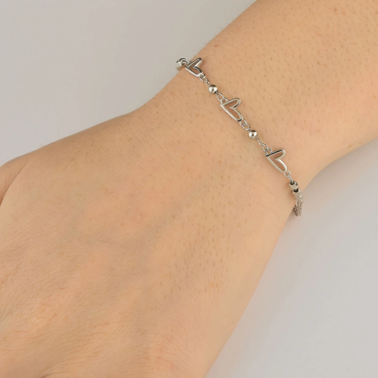 Pulseira Feminina de Prata 925 Bolinhas e Coração Vazado Produto Pulseira Feminina de Prata 925 Bolinhas e Coração Vazado