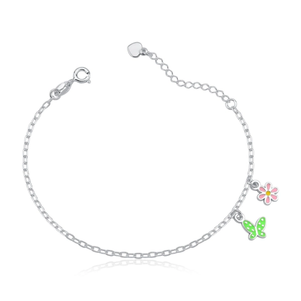 Produto Pulseira Feminina de Prata 925 Borboleta e Florzinha Resinada