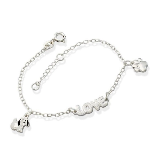 Produto Pulseira Feminina de Prata 925 Cachorro Pata e Love Reticulado