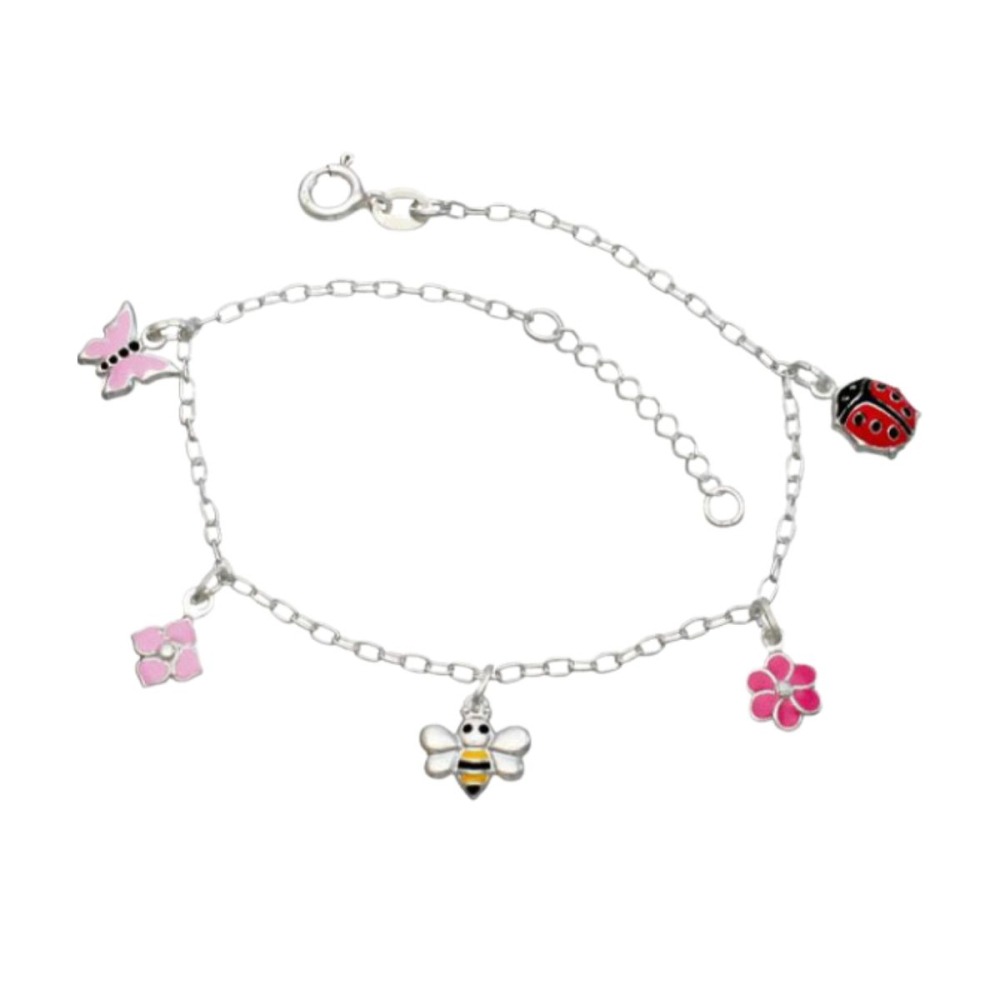 Produto Pulseira Feminina de Prata 925 com Joaninha Abelha Borboleta e 2 Flores