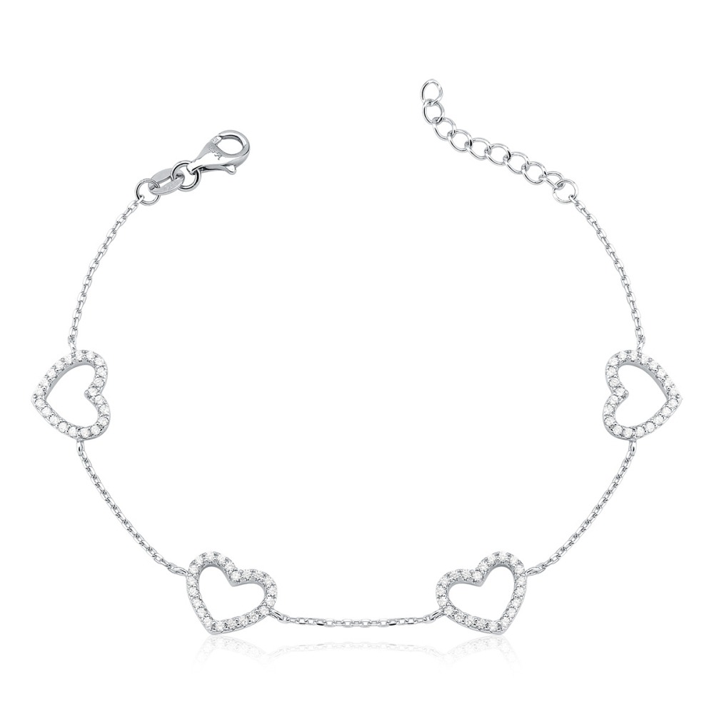 Produto Pulseira Feminina de Prata 925 Corações Vazados com Zircônias