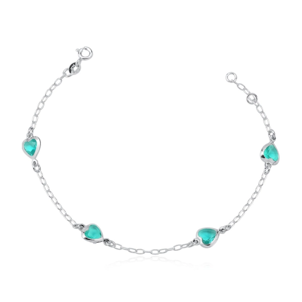 Produto Pulseira Feminina de Prata 925 Coração Cravejado com Zircônia Verde Água