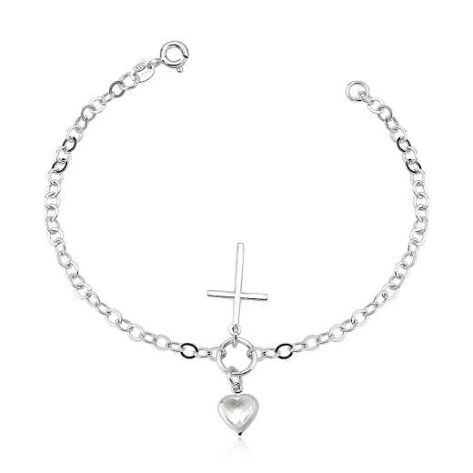 Produto Pulseira Feminina de Prata 925 Coração e Cruz