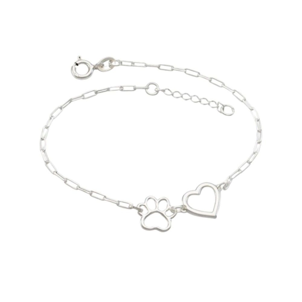 Produto Pulseira Feminina de Prata 925 Coração e Patinha de Cachorro Vazadas