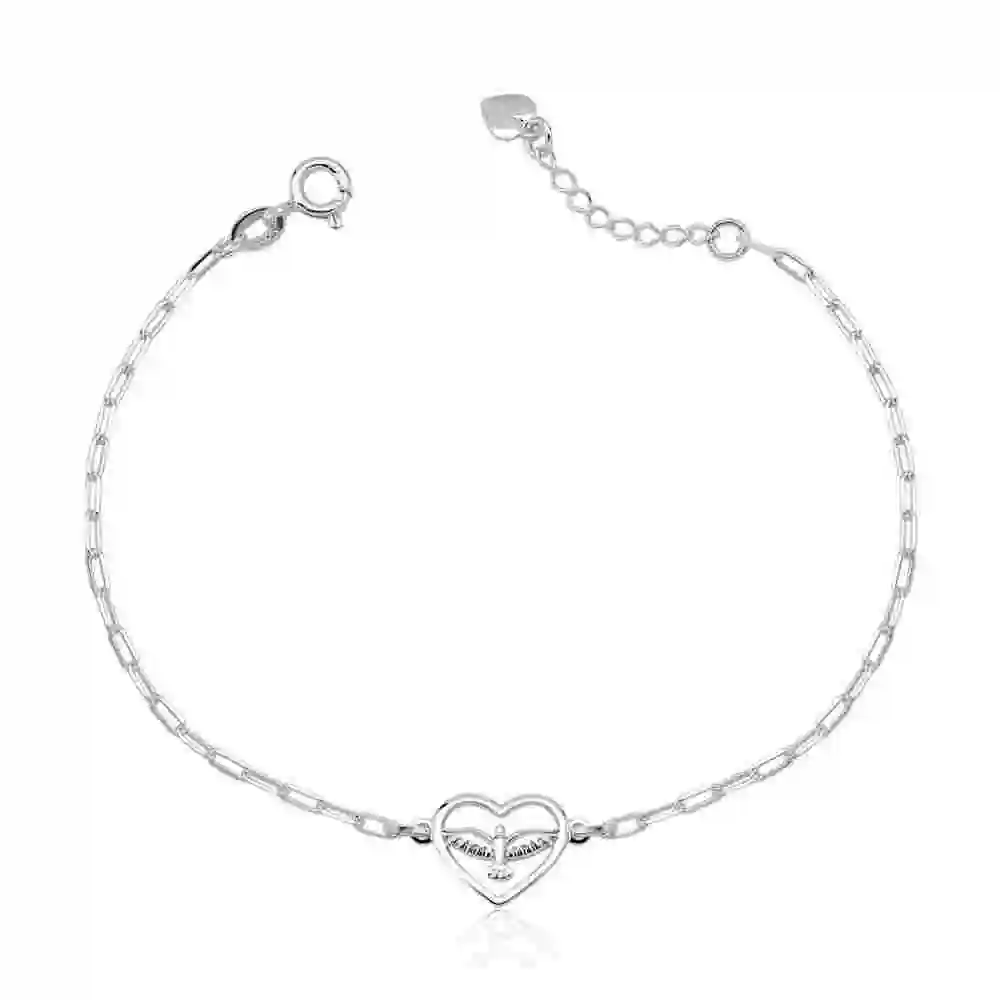 Pulseira Feminina de Prata 925 Coração Vazado com Espírito Santo Produto Pulseira Feminina de Prata 925 Coração Vazado com Espírito Santo