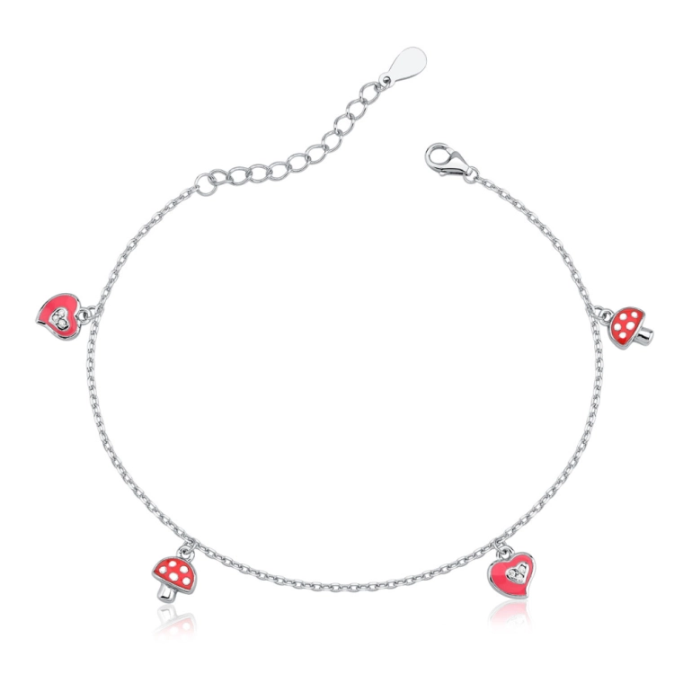 Pulseira Feminina de Prata 925 Coração e Cogumelo Resinado Produto Pulseira Feminina de Prata 925 Coração e Cogumelo Resinado