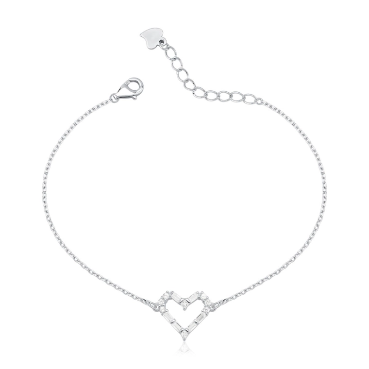 Pulseira Feminina de Prata 925 Coração Vazado e com Zircônias Produto Pulseira Feminina de Prata 925 Coração Vazado e com Zircônias