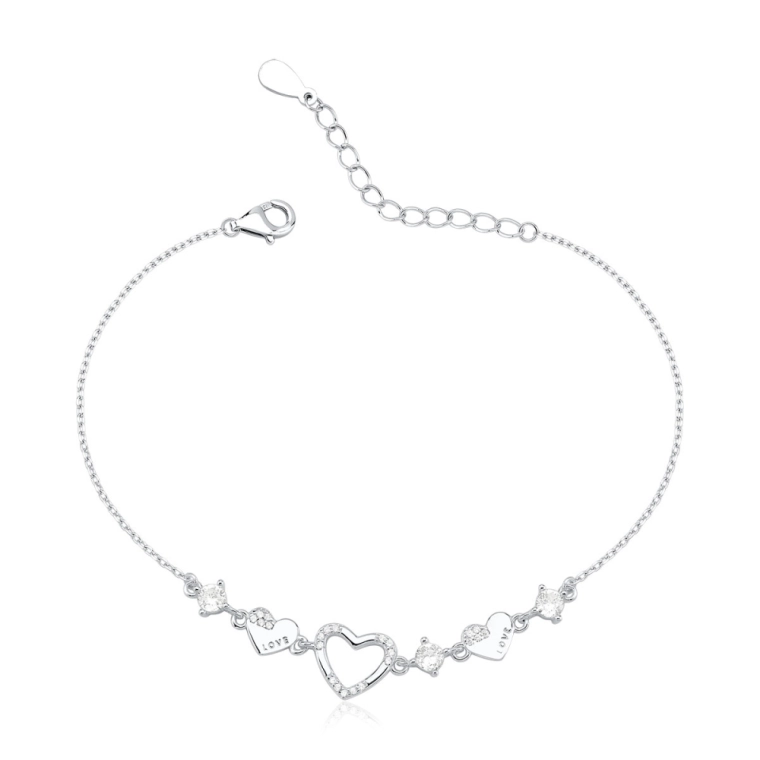 Produto Pulseira Feminina de Prata 925 Corações e Ponto de Luz
