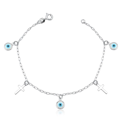 Produto Pulseira Feminina de Prata 925 Cruz e Olho Grego pendente