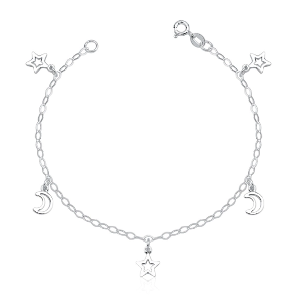 Pulseira Feminina de Prata 925 Estrelas e Luas Vazadas Produto Pulseira Feminina de Prata 925 Estrelas e Luas Vazadas