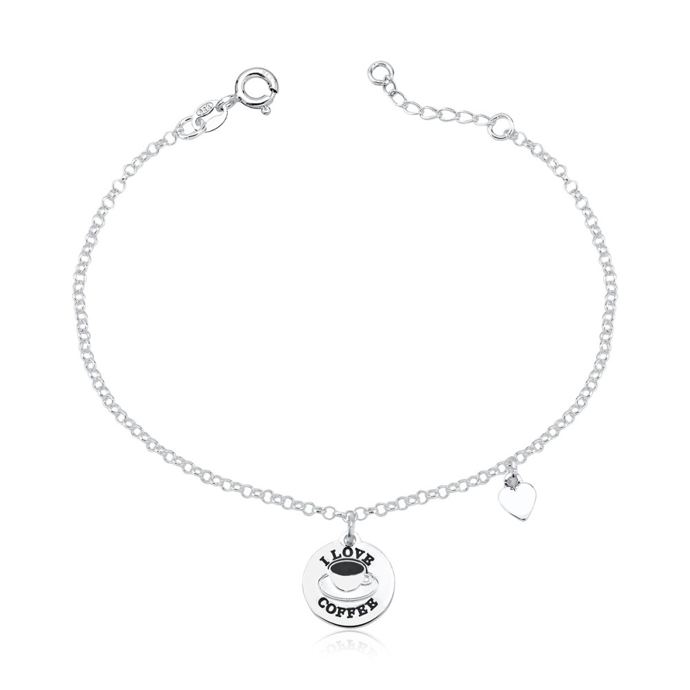 Pulseira Feminina de Prata 925 Medalha I Love Coffee e Coração Liso Produto Pulseira Feminina de Prata 925 Medalha I Love Coffee e Coração Liso