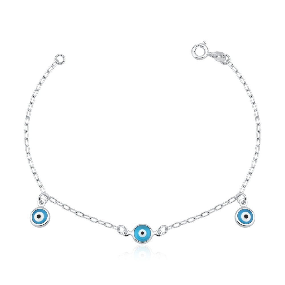 Produto Pulseira Feminina de Prata 925 Olho Grego Azul Claro e Pendurado