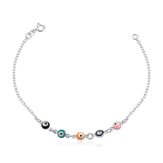 Produto Pulseira feminina de prata 925 com cinco olhos gregos coloridos